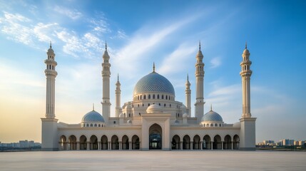 Obraz premium A large white mosque building with minarets under blue skies