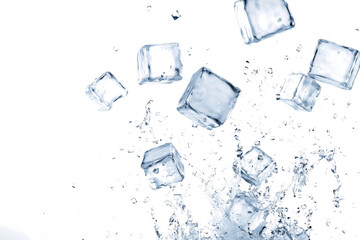 ice cubes falling into the water cutout image and isolated on transparent background 