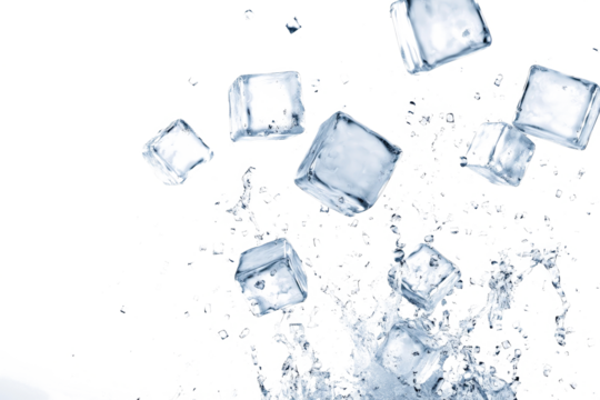 ice cubes falling into the water cutout image and isolated on transparent background 
