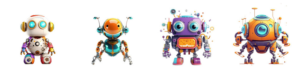 Fototapeta premium Four colorful robots standing in a row against a white background, digital art illustration isolated on white or transparent