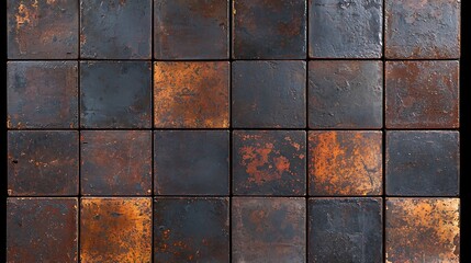 Rusty metal tile grid surface detail, showing corrosion texture, dark background, for decorative design