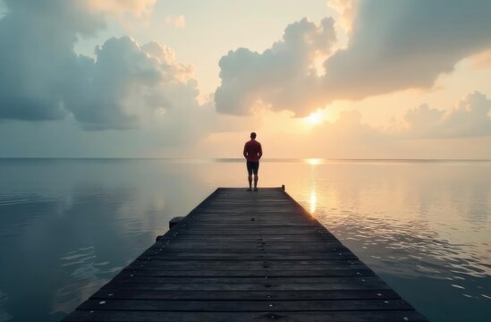 The young man stood alone on the edge of the pedestrian bridge and looked at the lake. Fog above the water. Foggy air.  - Powered by Adobe