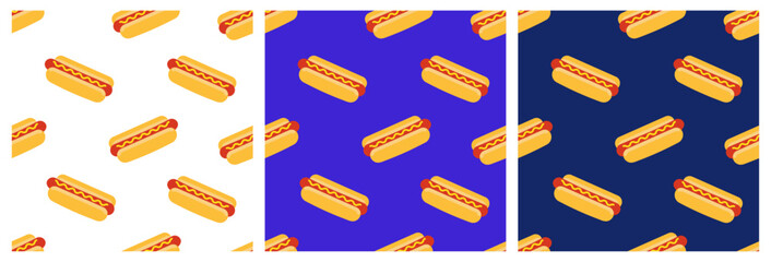 Seamless hot dog pattern in three alignments with vibrant color backgrounds. 