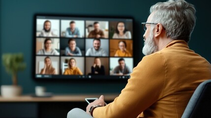 Obraz premium Remote work in culture concept. Man participating in a virtual meeting with multiple attendees on screen.