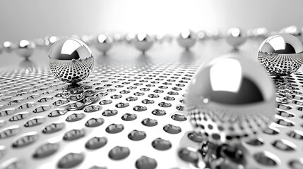 Shiny metal spheres sit on perforated surface, showing detail, suggesting tech applications