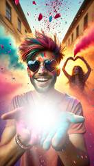A young man with sunglasses smiles joyfully, his hands forming a heart. Colorful powder surrounds him, creating a vibrant and energetic atmosphere. generative ai