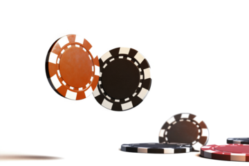 poker chips falling from a white background cutout image and isolated on transparent background 