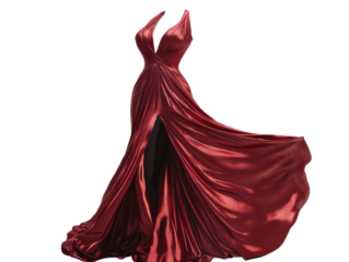 Elegant red gown with a plunging neckline and a high slit against a Transparent Background