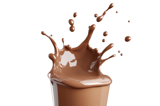 a glass of chocolate milk with a splash of chocolate cutout image and isolated on transparent background 