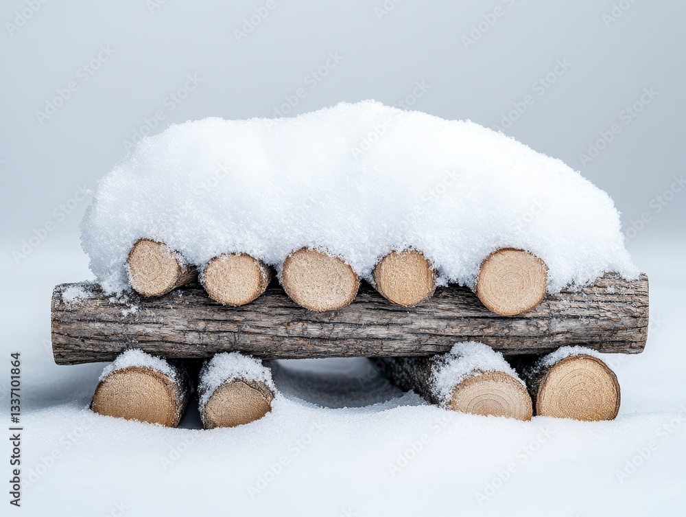 Poster snow-covered log stack resting on white snow against a soft gray background