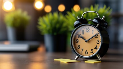 Time management tools enhance work efficiency with clock and sticky notes on business desk