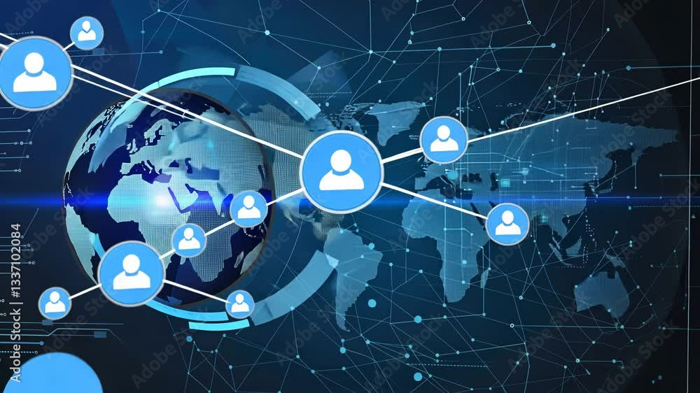 Poster global digital network connecting people. complex graphic displays a world map, a globe, and user ic