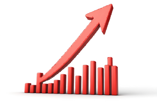 a red arrow rising up from a bar chart cutout image and isolated on transparent background 