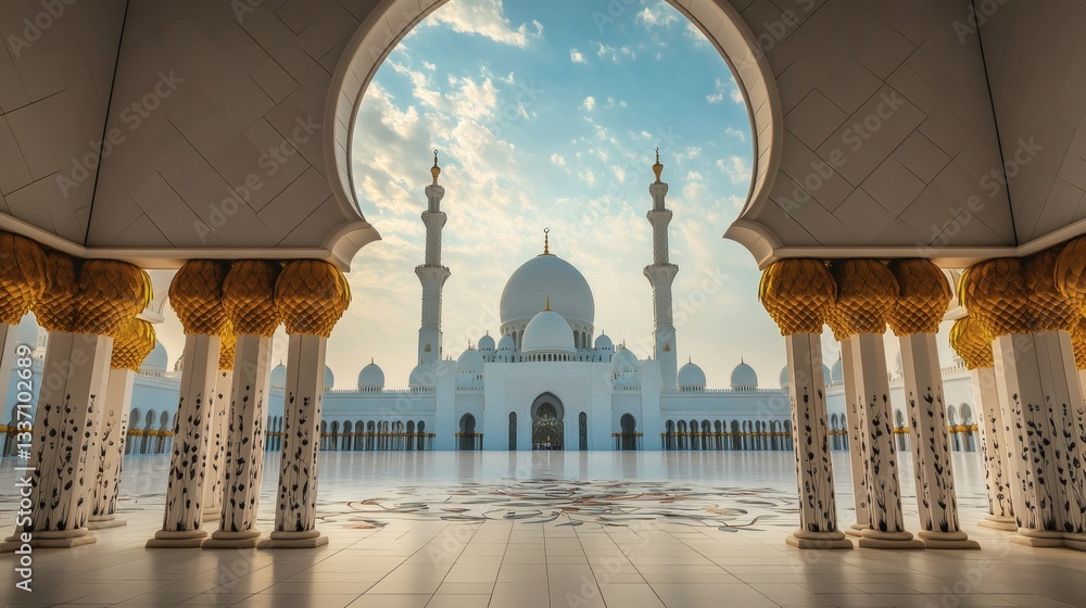 Poster architectural composition showing large mosque and pillars from inside view