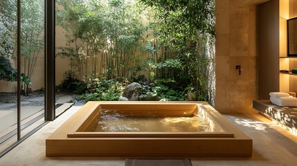 Japanese Style Bathtub in the Garden 3D Rendering Computer Digital Drawing..