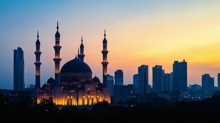 A beautiful mosque is illuminated in a cityscape at twilight