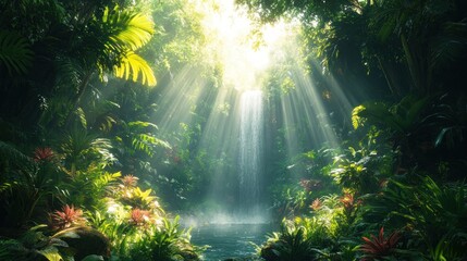 Sunbeams Illuminating a Lush Waterfall in a Tropical Paradise