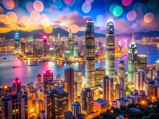 Obraz premium Hong Kong Skyline Daytime Bokeh, Vibrant Cityscape, Urban Panoramic View, Asian Metropolis, Architectural Wonders