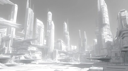 Fototapeta premium Monochromatic futuristic cityscape, urban scene, light, digitally rendered. Possible use Stock photo for sci-fi, design, architecture, etc