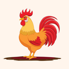 Cheerful rooster vector illustration featuring a standing farm bird with detailed feathers. Perfect for rural themes, farming designs, nature illustrations, and morning wake-up concepts.