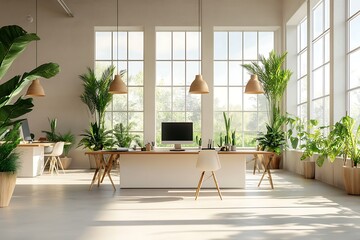 Fototapeta premium Modern Empty Home Office Room Interior With Blank Wall, Computer, Table, Bookshelf Mockup Frame -Ai