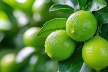 Ripe green limes hanging from a vibrant lime tree branch in a sunny organic garden