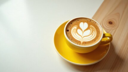 Aromatic Coffee Drink in a Vibrant Yellow Cup with Delicate Latte Art on a Light Surface