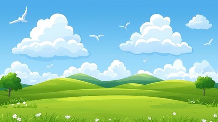 Obraz premium Serene Green Hills Blue Sky Fluffy Clouds Birds Flying