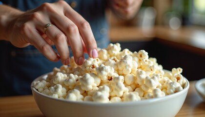 Hand reaching for fresh popcorn in white bowl