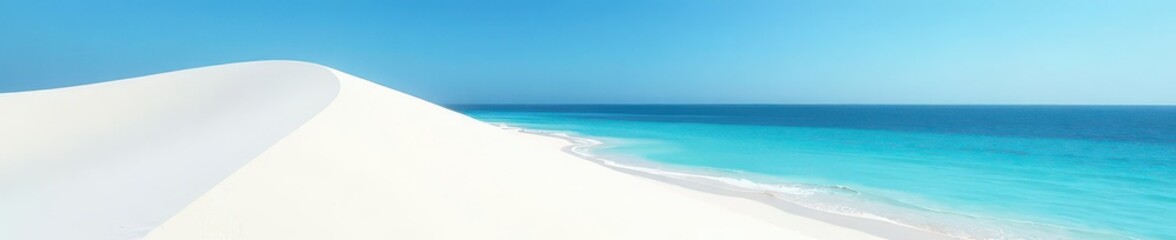 Fototapeta premium White sand dune meets deep blue sea, clear sky , bright, arid