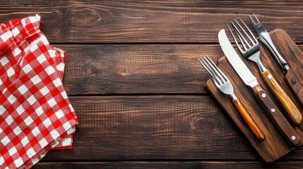  Rustic dining setup featuring flatware and a checkered cloth on wooden table