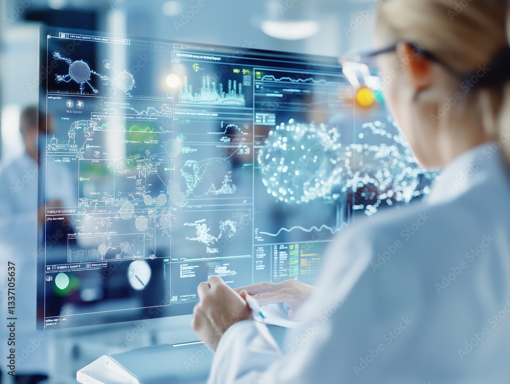 Poster female scientist analyzing complex molecular data on a futuristic transparent digital screen in a hi