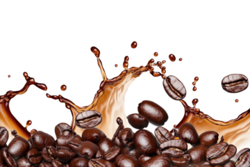 coffee beans falling into a pile of coffee beans cutout image and isolated on transparent background 