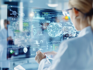 Female scientist analyzing complex molecular data on a futuristic transparent digital screen in a high-tech laboratory