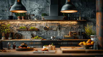 Fototapeta premium modern kitchen with rustic elements, featuring wooden shelves, plants, and stylish stove. warm lighting creates cozy atmosphere