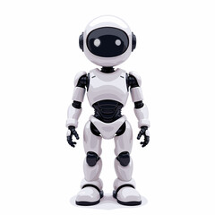 Friendly ai robot with bright eyes standing on white background, technology concept