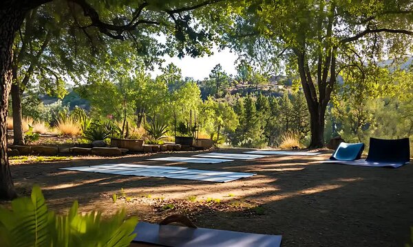 Serene outdoor yoga session in a lush green setting with mats laid out under the trees