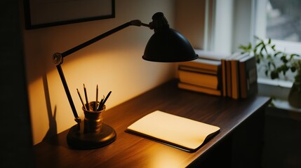 Cozy Home Office with Wooden Desk and Natural Light, Minimalist and Inviting Workspace
