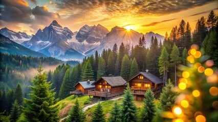 Idyllic Italian Alps: Wooden Chalets, Pine Trees & Bokeh Sunset