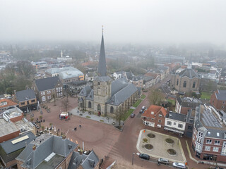 This aerial drone photo shows the church in the town center of Haaksbergen in the Netherlands.