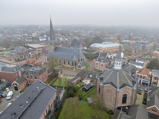 This aerial drone photo shows the church in the town center of Haaksbergen in the Netherlands.