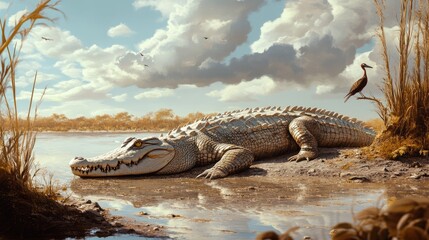 Albino Crocodile Resting by the Riverbank Under a Cloudy Sky
