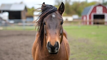 Brown Horse with Dark Mane in Farm Yard