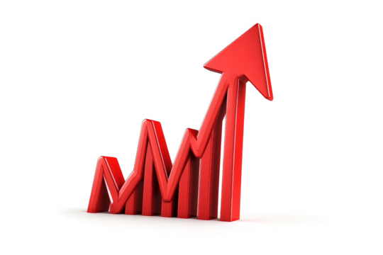 a red arrow rising up from the ground cutout image and isolated on transparent background 