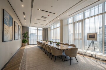 An empty meeting room in an office setting.