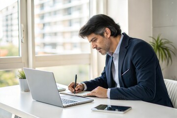 A Hispanic businessman using a laptop, taking notes, and talking on a video call.