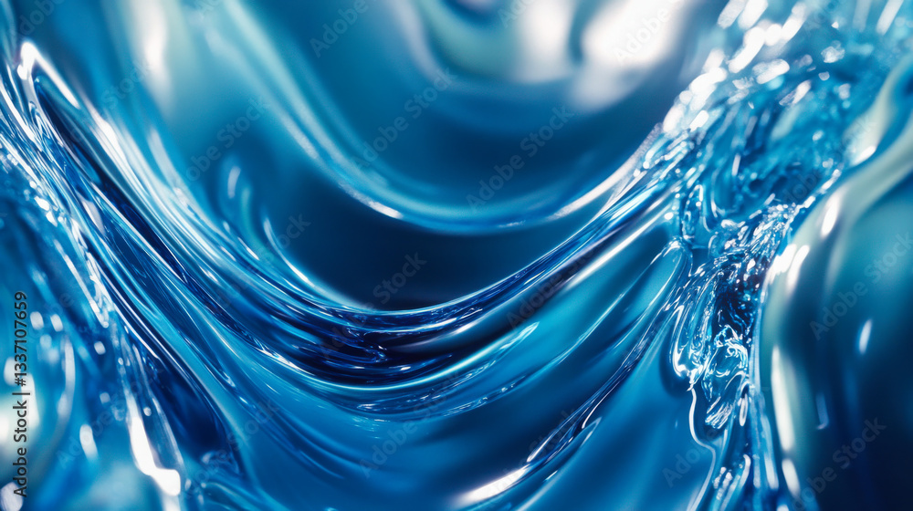 Poster fluid waves of glossy blue material create captivating patterns and reflections in a serene environm