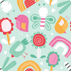 Vector seamless pattern with cute cartoon birds, butterflies, flowers, rainbows and hearts. Children's gentle summer, spring print. Creative kids texture for fabric, wrapping, textile, wallpaper.