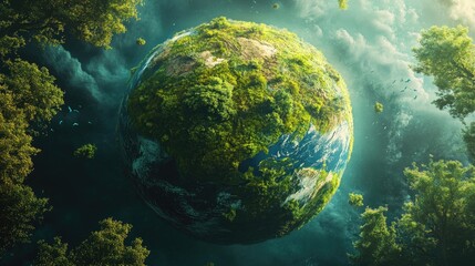 A Lush Green Earth Surrounded by Floating Trees and Birds in a Dreamlike Celestial Scene