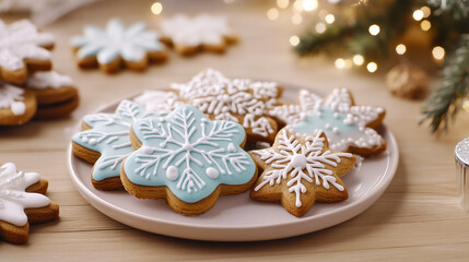 Festive Snowflake Cookies with Icing on a Holiday Plate